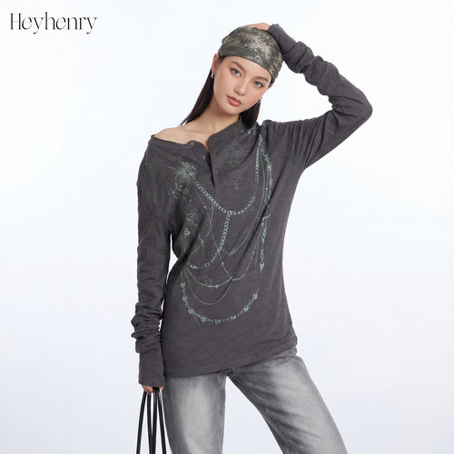 HeyHenry 美式复古设计感亨利长袖T恤女2026春季印花辣妹打底上衣