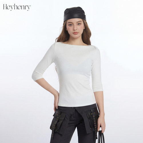 HeyHenry 春夏季七分袖修身上衣女正肩纯色打底内搭显瘦半袖T恤