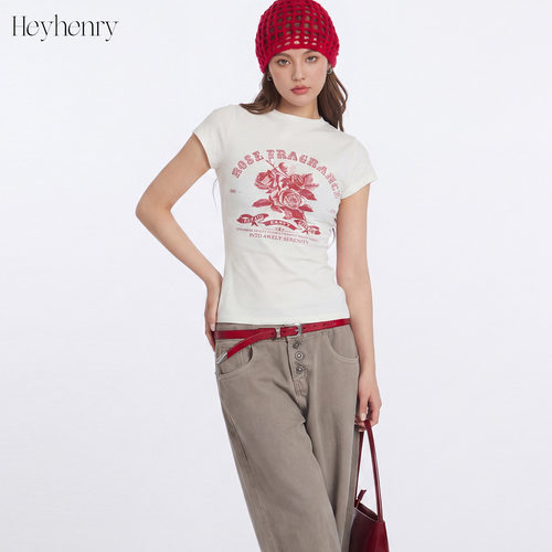HeyHenry 复古印花夏季紧身短袖t恤女装美式修身显瘦辣妹正肩上衣