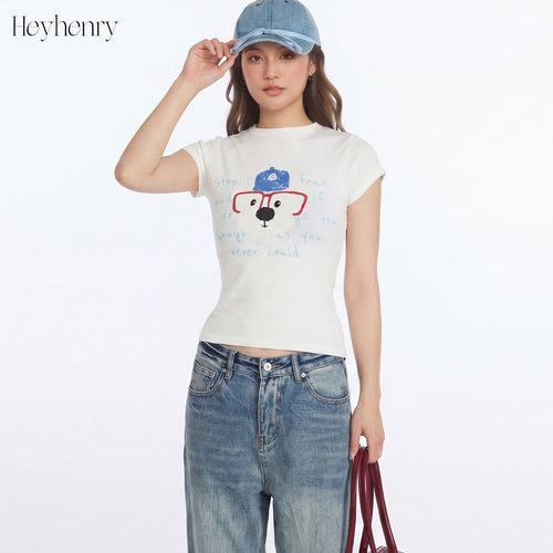 HeyHenry 2026夏季新品小狗印花短袖t恤女百搭修身显瘦正肩上衣