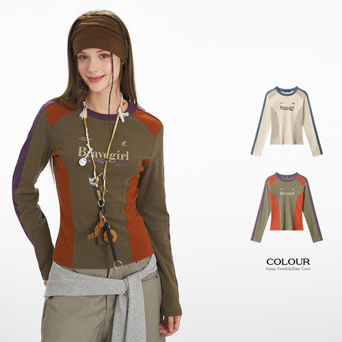 Nariele美式复古2025新款春秋季长袖T恤女撞色内搭修身潮牌