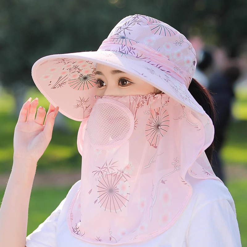 子女夏遮阳帽口罩面罩一体防紫外线干农活太阳帽遮脸采茶防晒帽
