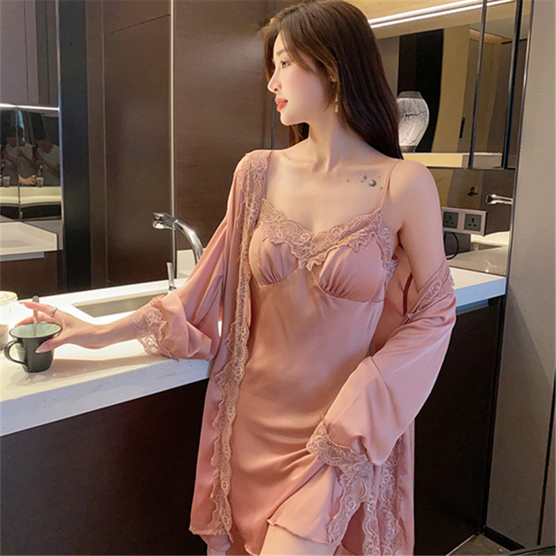 芬腾新款睡衣女冰丝睡裙带胸垫薄纯欲风高级感睡袍吊带两件套大码