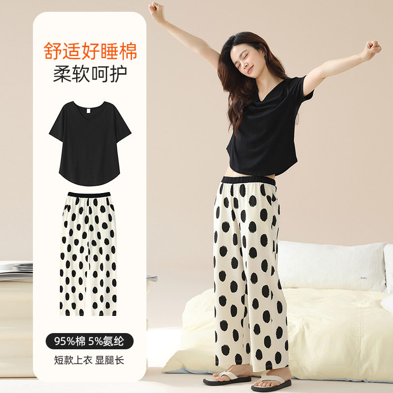 芬腾睡衣女短袖长裤夏季V领黑色个性波点女士纯棉家居服夏款套装