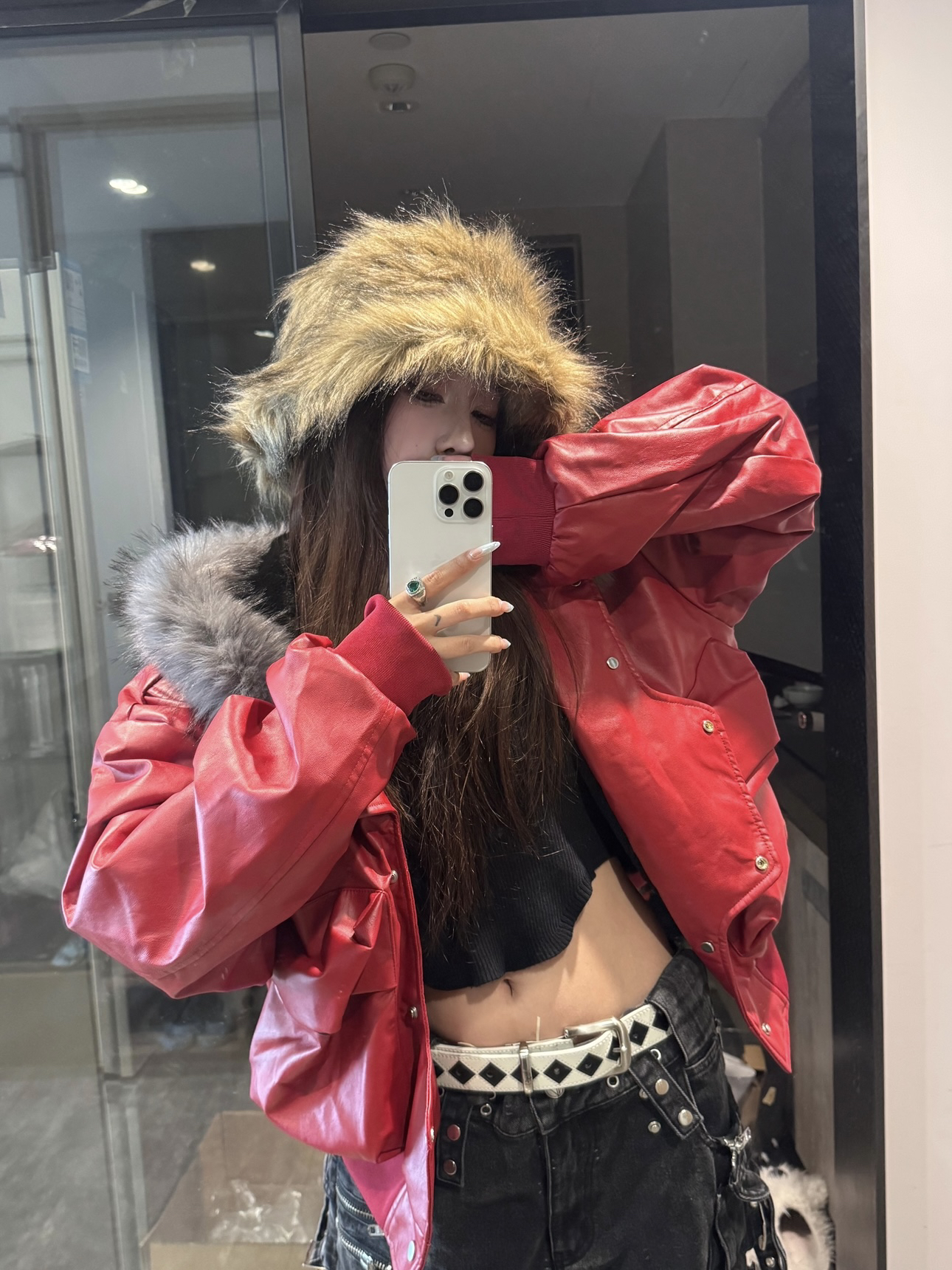 不规则排扣内里绒连帽大毛领无性别pu皮外厚外套