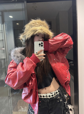 不规则排扣内里绒连帽大毛领无性别pu皮外厚外套