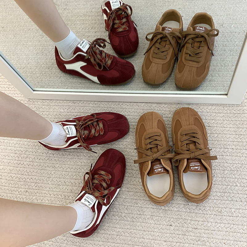 酒红德训鞋女爆款2025新款小众轻便平底复古港风运动休闲勃肯板鞋