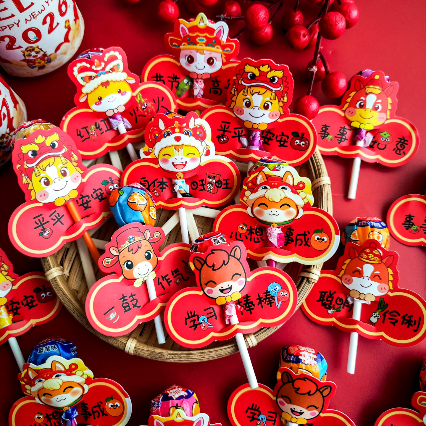 2026新年开学棒棒糖插卡纸卡通可爱马年励志好运祝福小贺卡奖励幼儿园儿童朋友小学生糖果礼物包装饰道具卡片