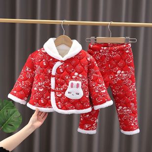 加绒加棉冬衣服 婴儿冬季 儿童网红东北棉袄套装 女宝宝小碎花袄冬装