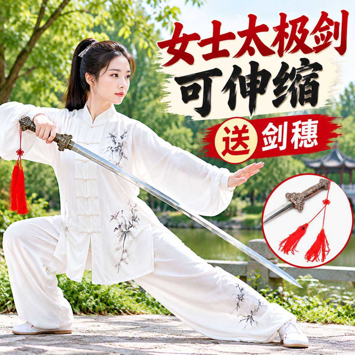 太极剑女式折叠伸缩剑流苏晨练