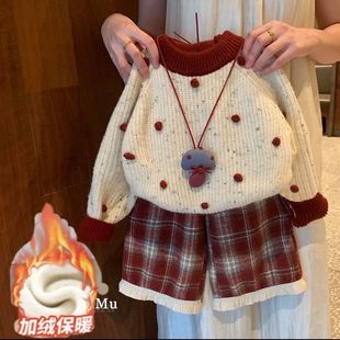 拜年服宝宝加厚毛衣韩系格子裤 2025新款 喜庆过年新衣 套装 女童冬装