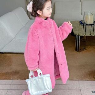 水貂女童仿皮草外套2025新款皮毛一体保暖加厚中长款韩版毛绒大衣