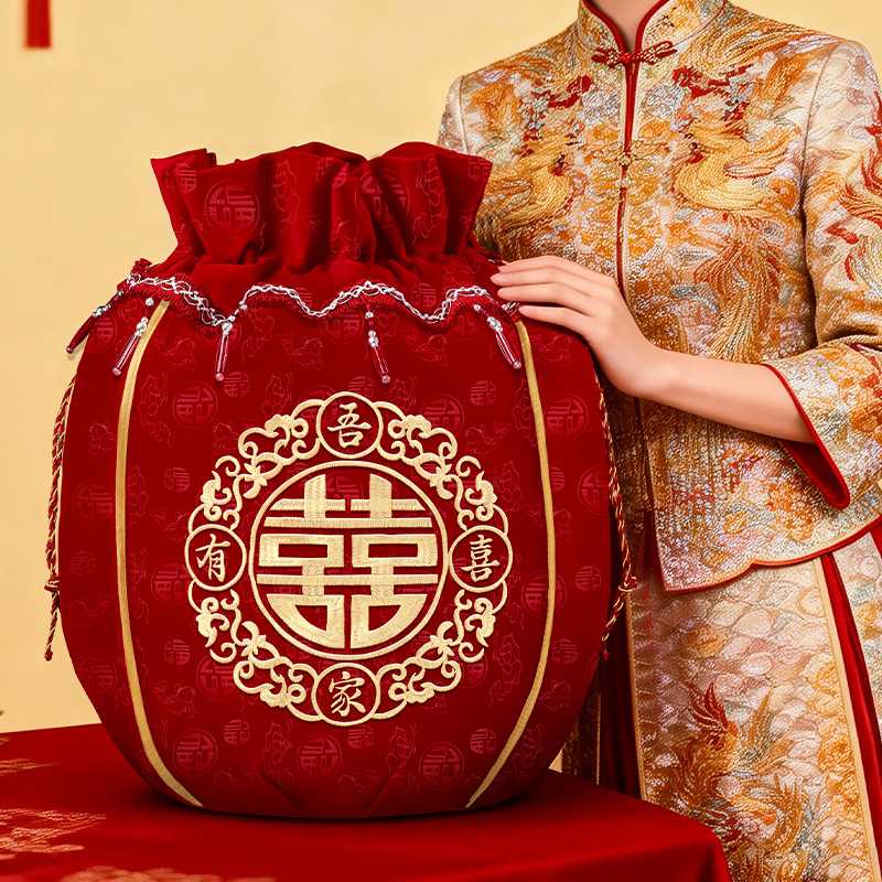 聚宝盆结婚袋子喜盆红色包裹布