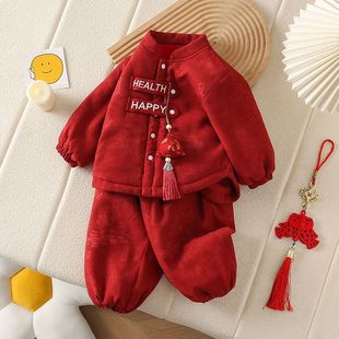 过年加绒套装 宝宝百天秋冬装 红色喜庆周岁礼服分体抓周服新中式
