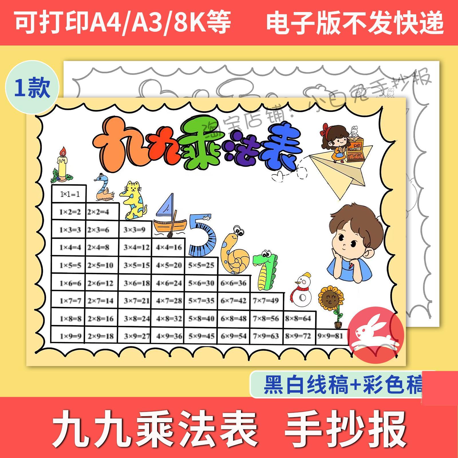 九九乘法表手抄报模板小学生二年级口诀表小报电子版a3a4线稿涂色