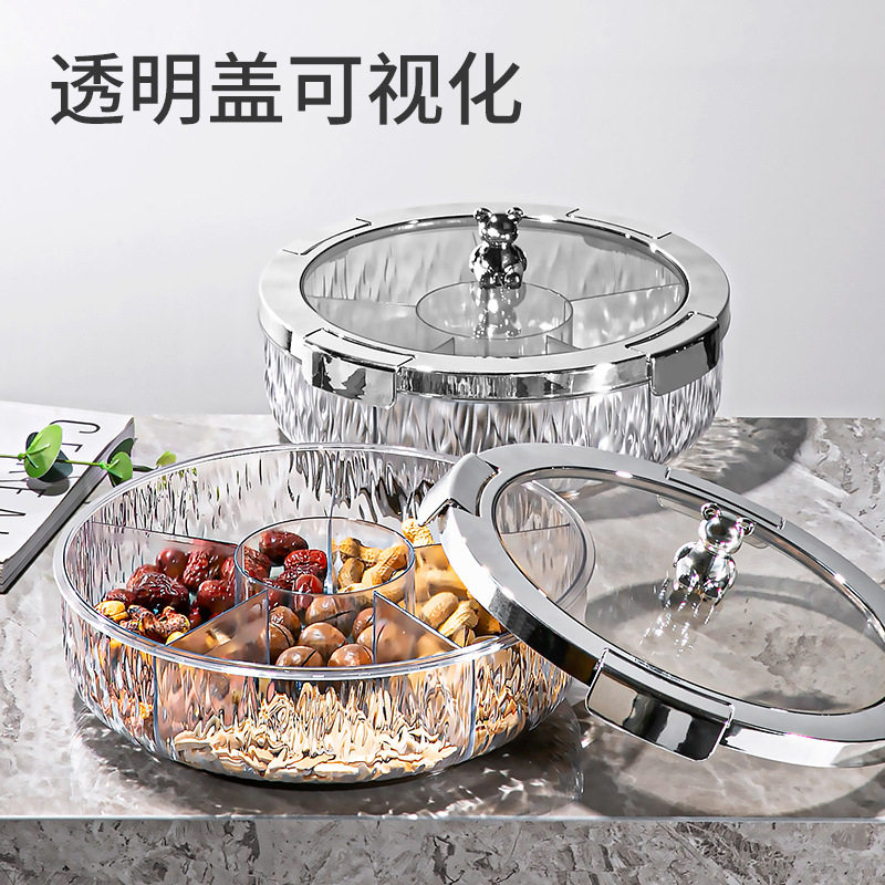 家用PET仿玻璃水果盘圆形干果盘透明坚果盒密封小吃盒旋转果罐