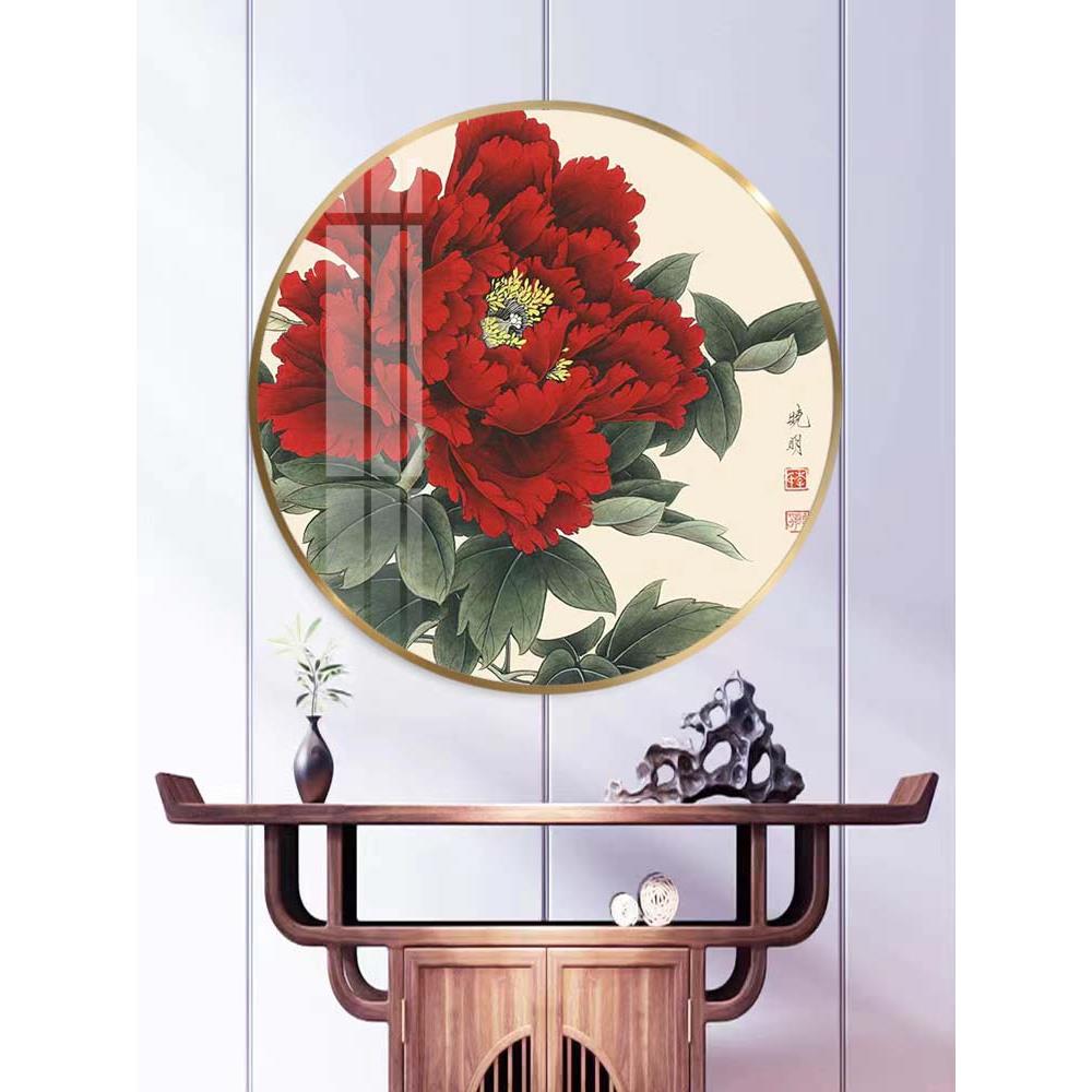 牡丹花装饰画客厅花开富贵挂画玄关中堂背景墙壁画圆形新中式花卉
