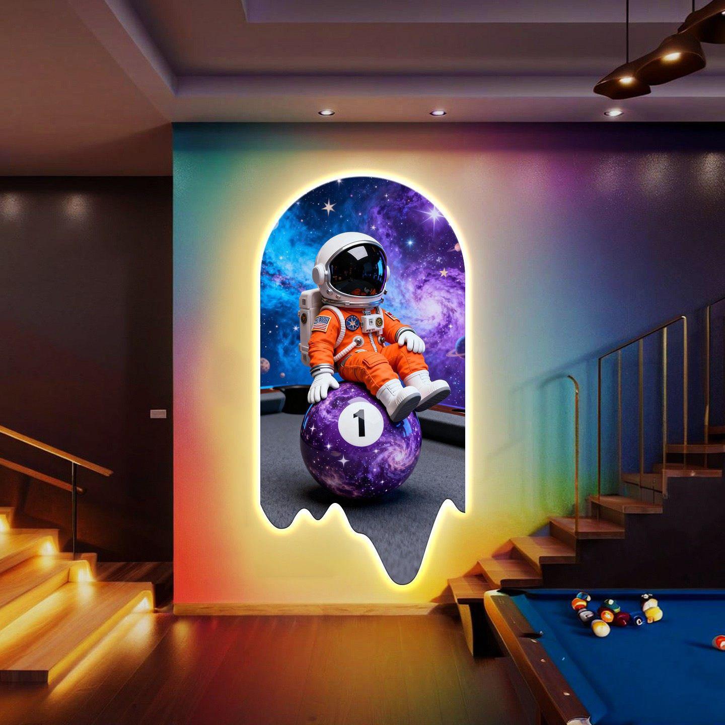 台球厅艺术精雕装饰画创意宇航员桌球室挂画俱乐部玄关墙发光灯画