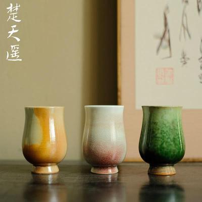 景德镇全手工窑变釉高足陶瓷闻香杯苏打柴烧窑变主人杯宋式小茶杯