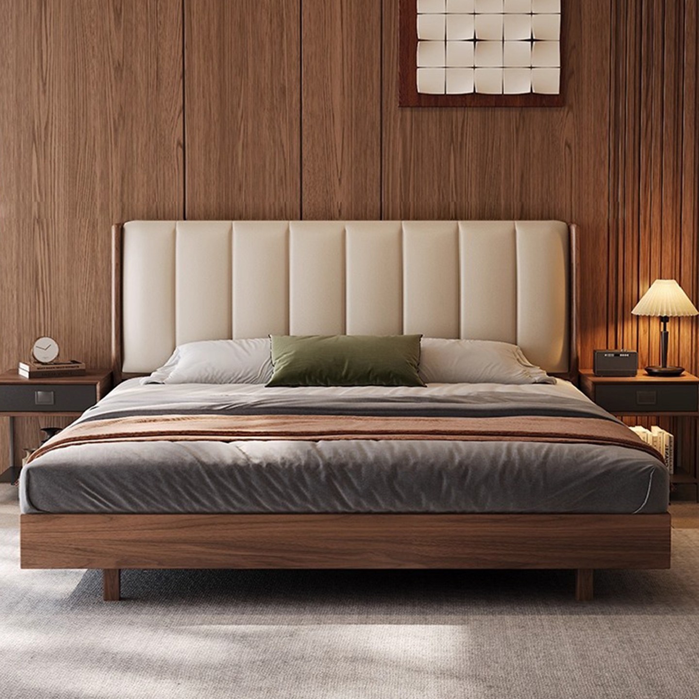 北美黑胡桃木全实木床1.8米双人床主卧高端大气头层牛皮软包大床