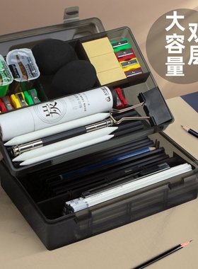 老人头素描铅笔盒美术生用大号美术铅笔盒绘画塑料透明画画大容量双层多功能用品收纳盒多层工具盒画盒