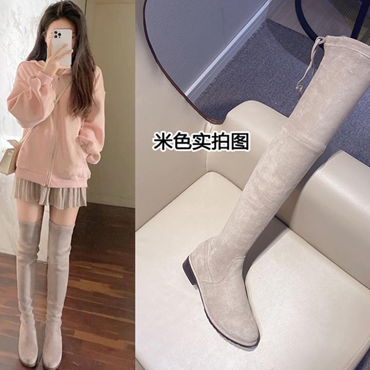 高端网红米白色长筒靴女中跟厚底弹力过膝靴女显瘦腿小个子高筒靴