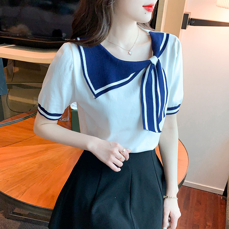 ICE SILK SHORT SLEEVE T-SHIRT WOMENS 2024 NEW SUMMER WOMENS FASHION FASHIONABLE FOREIGN AGE-REDUCING CHIC NAVY NECK TOP