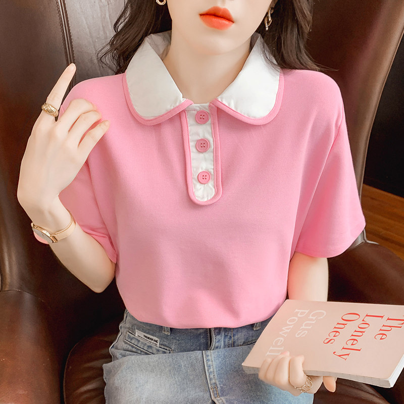 SHORT SLEEVE WOMENS 2024 NEW HOT SUMMER BEAUTIFUL T-SHIRT FASHIONABLE FOREIGN FASHION CONTRAST DOLL COLLAR TOP WOMEN