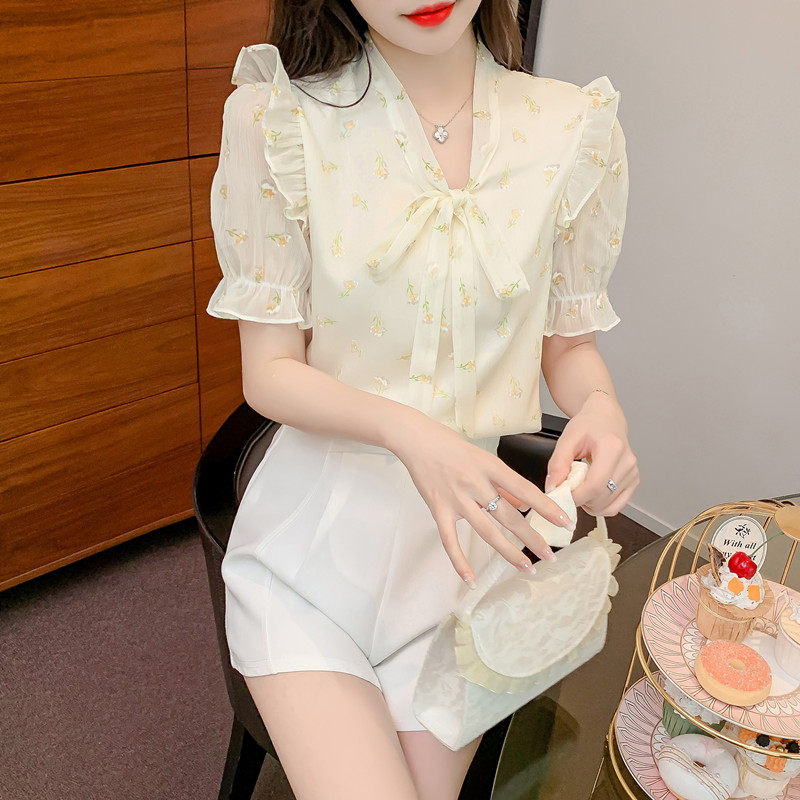 BOW CHIFFON SHIRT WOMENS SHORT SLEEVE 2024 NEW FASHION FASHIONABLE FASHIONABLE FAIRY TEMPERAMENT BEAUTIFUL FLORAL TOP