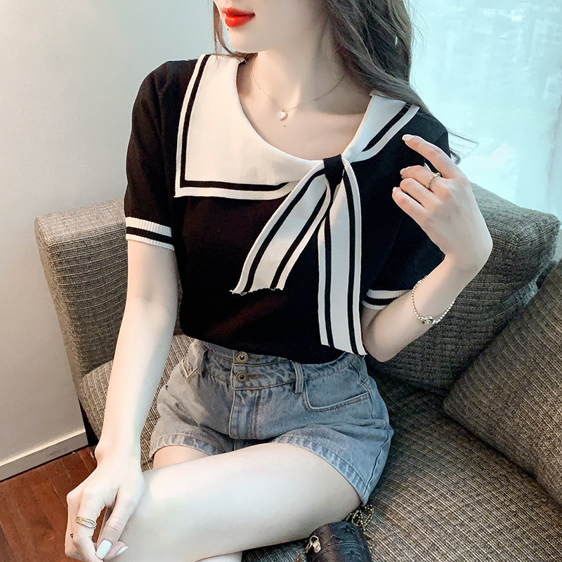 ICE SILK SHORT SLEEVE T-SHIRT WOMENS 2024 NEW SUMMER WOMENS FASHION FASHIONABLE FOREIGN AGE-REDUCING CHIC NAVY NECK TOP