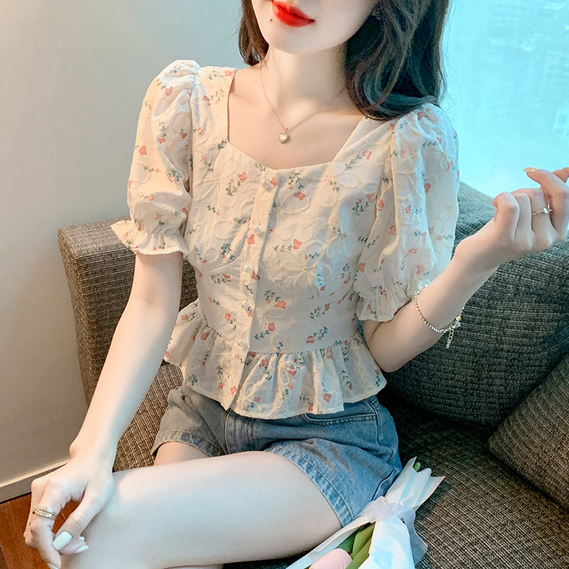 SHORT SLEEVE SHIRT WOMENS SUMMER 2024 NEW CARD WAIST SHIRT SHORT STYLE FRENCH SQUARE NECK PUFF SLEEVE FLORAL TOP