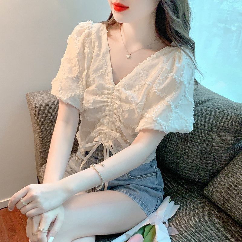 CHIFFON SHIRT WOMENS SHORT SLEEVE SUMMER 2024 NEW DESIGN SENSE NICHE FRENCH V-NECK PUFF SLEEVE CROPPED TOP