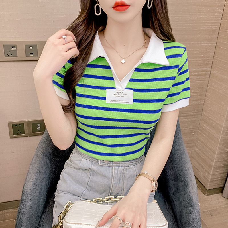 STRIPED POLO SHIRT WOMENS SUMMER SHORT SLEEVE T-SHIRT 2024 NEW SLIM FIT FASHION STRIPED POLO NECK TOP