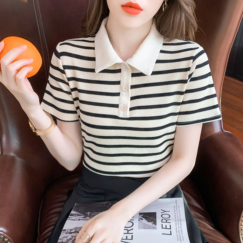 POLO SHIRT SHORT SLEEVE WOMENS 2024 NEW SUMMER SLIM SLIM FASHION CROPPED T-SHIRT POLO NECK STRIPED TOP
