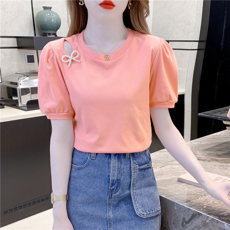 SHORT SLEEVE WOMENS 2024 NEW SUMMER SLIM FIT BEAUTIFUL T-SHIRT FASHION FOREIGN FASHION HOLLOW PUFF SLEEVE TOP TIDE