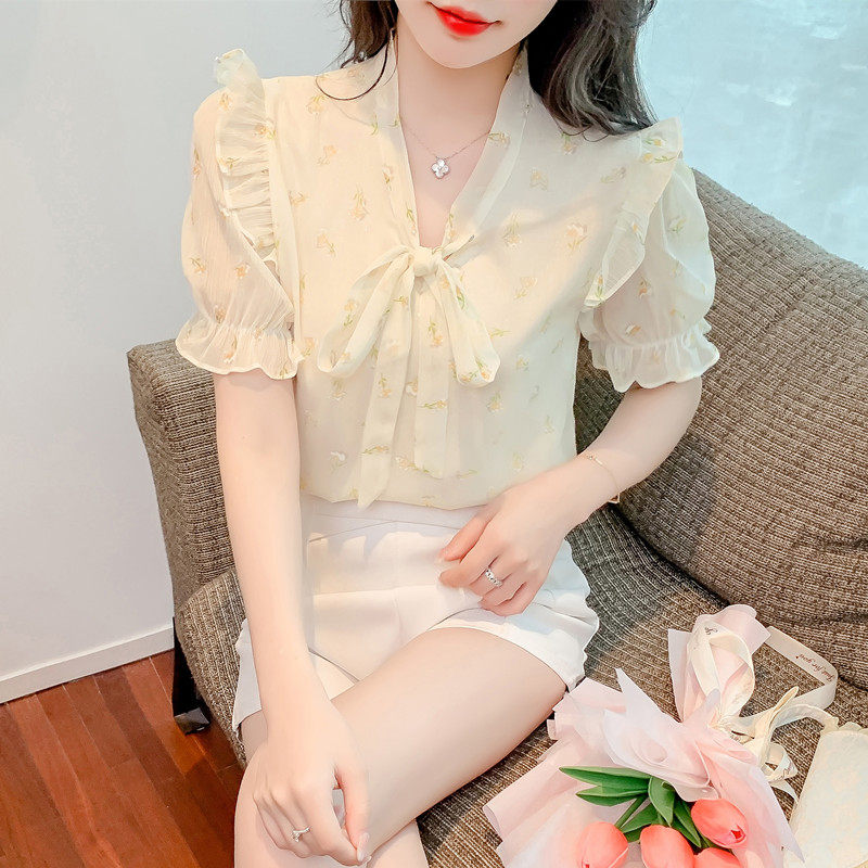 BOW CHIFFON SHIRT WOMENS SHORT SLEEVE 2024 NEW FASHION FASHIONABLE FASHIONABLE FAIRY TEMPERAMENT BEAUTIFUL FLORAL TOP