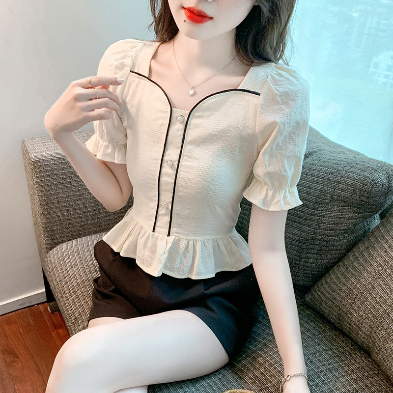 CHIFFON SHIRT WOMENS SHORT SLEEVE 2024 NEW SUMMER CARD WAIST SHIRT SHORT STYLE CHIC FRENCH SQUARE NECK TOP