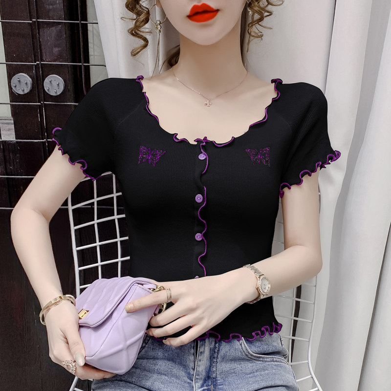 SHORT SLEEVE T-SHIRT WOMENS 2024 NEW SUMMER SKINNY SHIRT FUNGUS TRIM CLAVICLE KNIT CROP TOP INS TREND