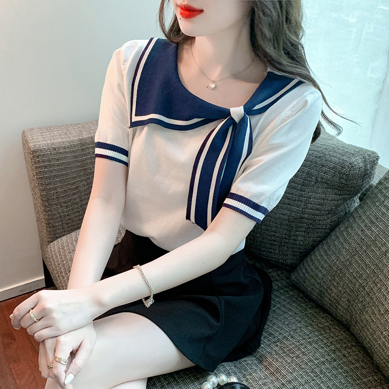 ICE SILK SHORT SLEEVE T-SHIRT WOMENS 2024 NEW SUMMER WOMENS FASHION FASHIONABLE FOREIGN AGE-REDUCING CHIC NAVY NECK TOP