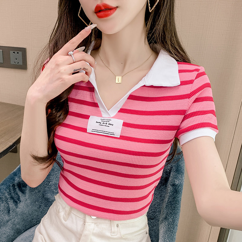 STRIPED POLO SHIRT WOMENS SUMMER SHORT SLEEVE T-SHIRT 2024 NEW SLIM FIT FASHION STRIPED POLO NECK TOP