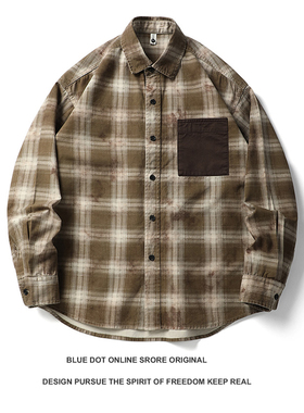 日系复古春秋季青年莱赛尔天丝撞色口袋格子衬衫男休闲长袖衬衣