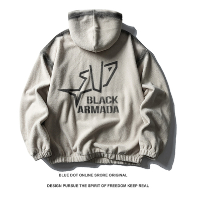 日系潮牌风摇粒绒连帽卫衣男秋冬季复古做旧印花休闲宽松保暖外套