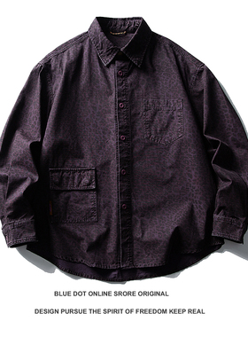 日系复古青年潮牌豹纹工装水洗长袖衬衫男秋季美式潮牌衬衣外套