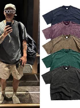 日系复古余文乐蜡染做旧复古T恤男重磅275G休闲宽松落肩水洗短袖