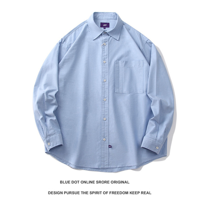 日系复古cityboy潮牛津纺宽松紫标青年余文乐纯色竖条纹长袖衬衫