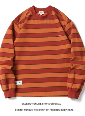 日系复古青年350g重磅t恤男oversize宽条纹纯棉圆领长袖t恤打底衫