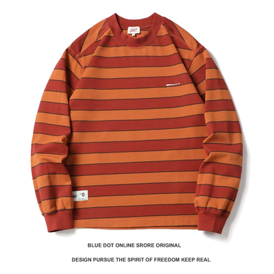 日系复古青年350g重磅t恤男oversize宽条纹纯棉圆领长袖t恤打底衫