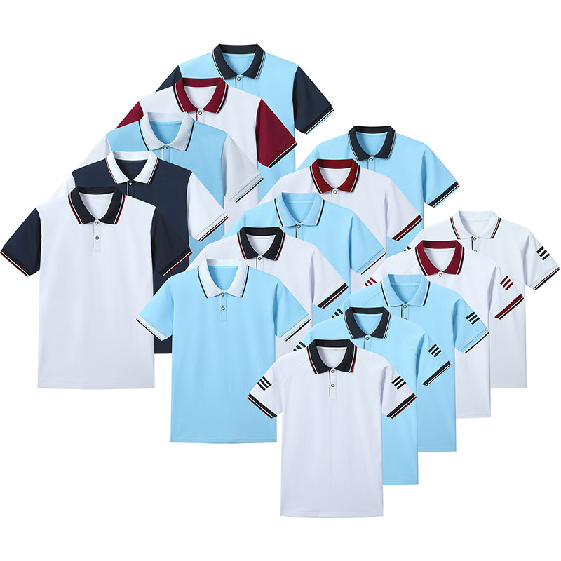 校服短袖中学生夏季棉T恤POLO衫初高中小学班服浅蓝红白大码半袖