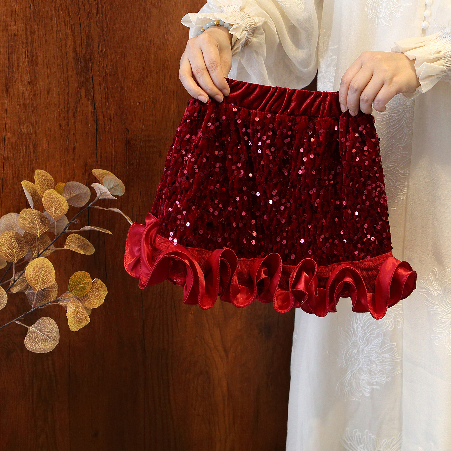 女童2025秋冬加绒新款亮片花边半身裙女童公主风荷叶边短裙礼服裙