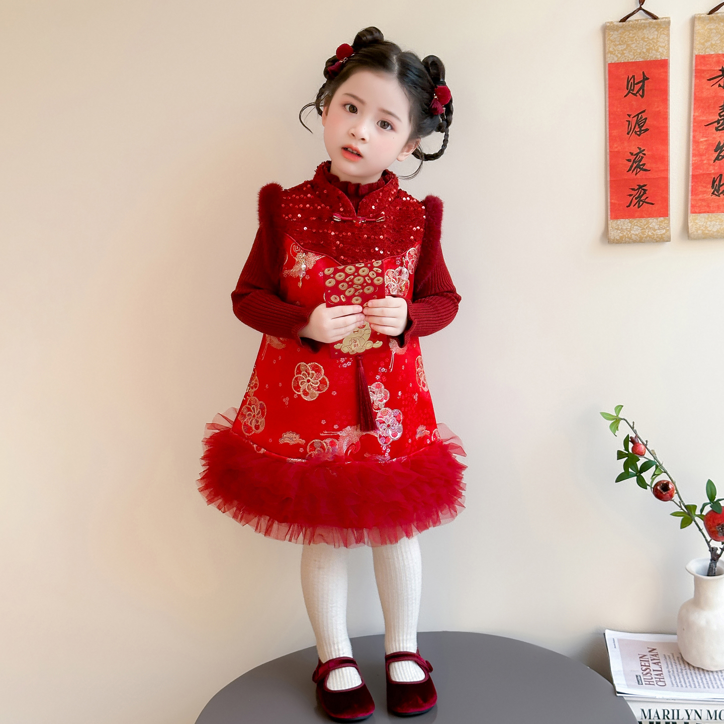 女童国风加厚年服旗袍裙套装2025冬季小女孩喜庆元旦礼服裙连衣裙